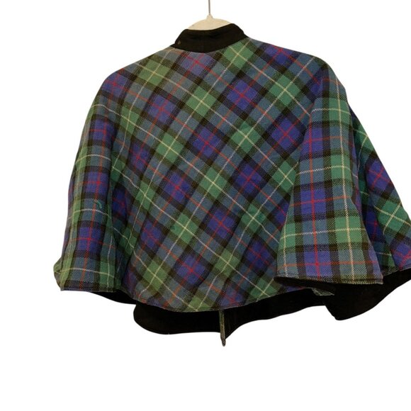 Vintage 50s Black Watch Green blue plaid reversible black Scottish Capelet 1 SZ - Picture 2 of 7